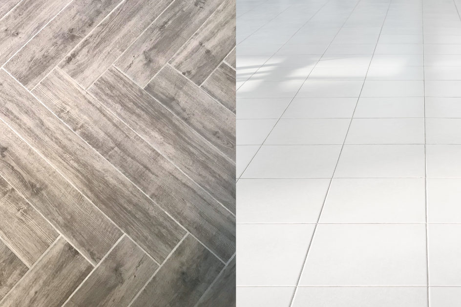 Light-colored wood floor and white tile floor